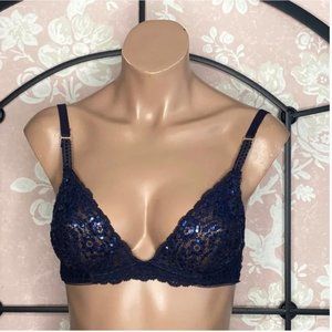 NEW STELLA MCCARTNEY Navy Blue Sequin Glitter Lace Festival Party Bra Top 34C